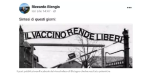 “Il Vaccino rende liberi” fotomontaggio dei cancelli di Auschwitz. Un post che è una pena (e anche una vergogna)