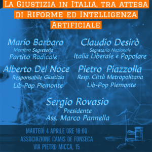La Giustizia in Italia, tra Attesa di Riforme ed Intelligenza Artificiale”, a Torino il 4 aprile